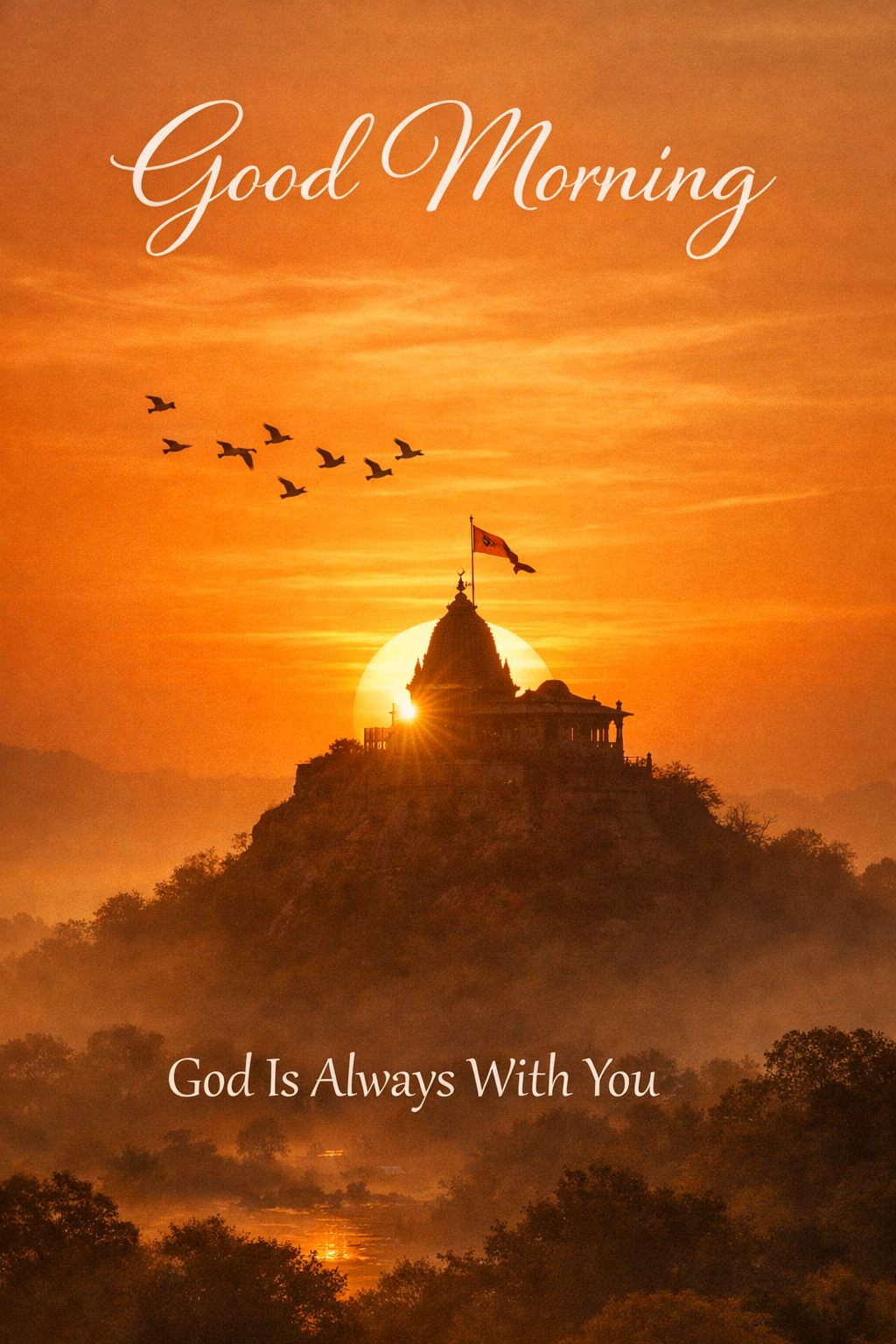 Good morning image temple on hill sunrise birds flying orange sky God Is Always With You
